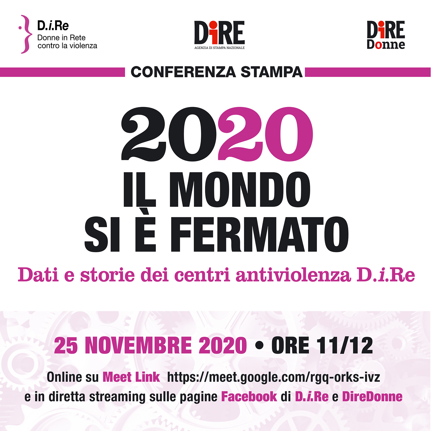 25 novembre - Conferenza stampa D.i.Re - 2020. Il mondo si è fermato. Dati e storie dai centri antiviolenza D.i.Re